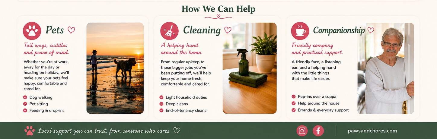 How We Can Help: Pets, Cleaning, and Companionship services from Paws and Chores.